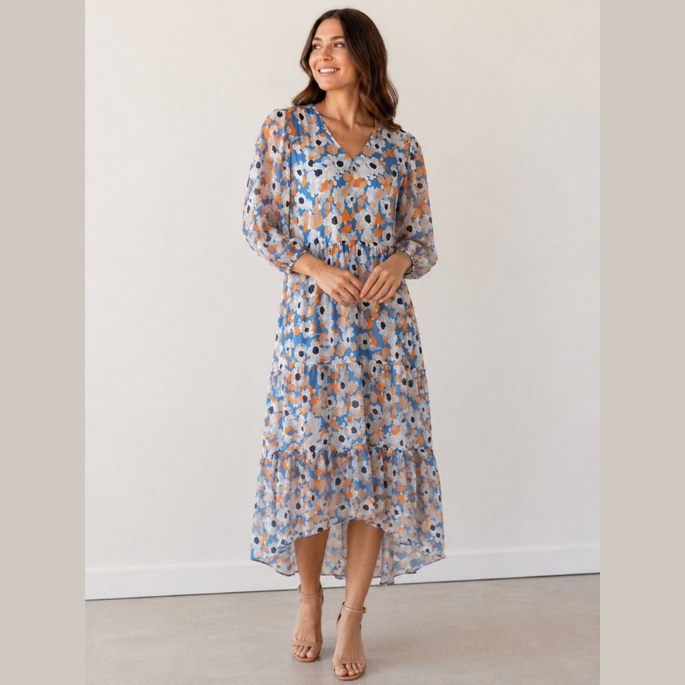 Joie Womens Large Dress Floral Chiffon Tiered Long Sleeve V-Neck Boho Midi Blue